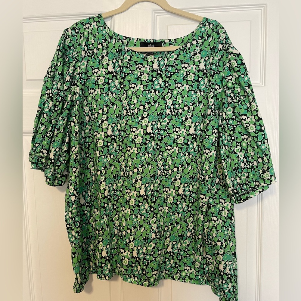 ellos Green and Black Floral Puff-Sleeve Blouse